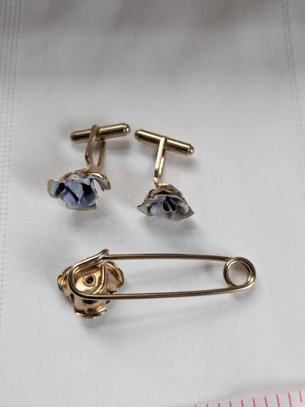 Vintage Cornflower Blue Enameled Rose Cufflinks and Tie Pin Set